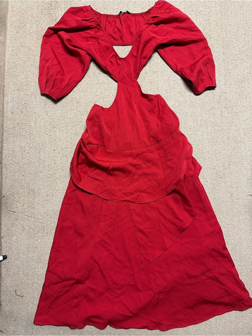 Simple Red Maxi Dress with Cutout and Puff Sleeves